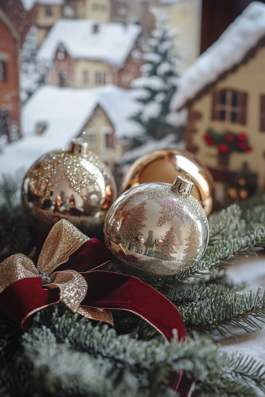 Wide angle Christmas interior. Velvet ribbons on vintage ornaments, overlooking snow-covered village.