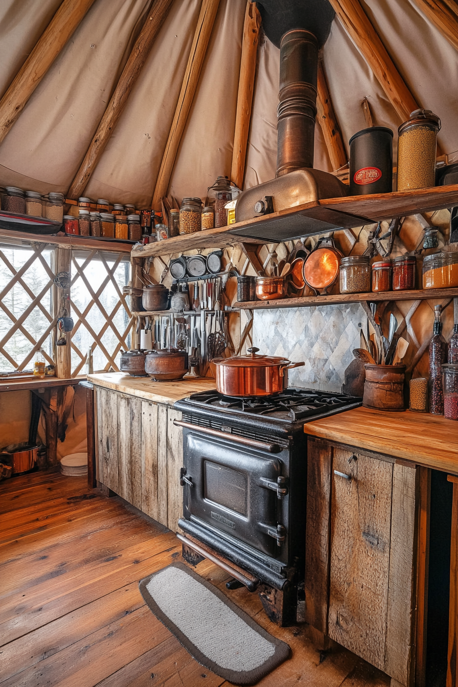 Alpine-style yurt kitchen. Wood stove and copper pots against mahogany spice wall.