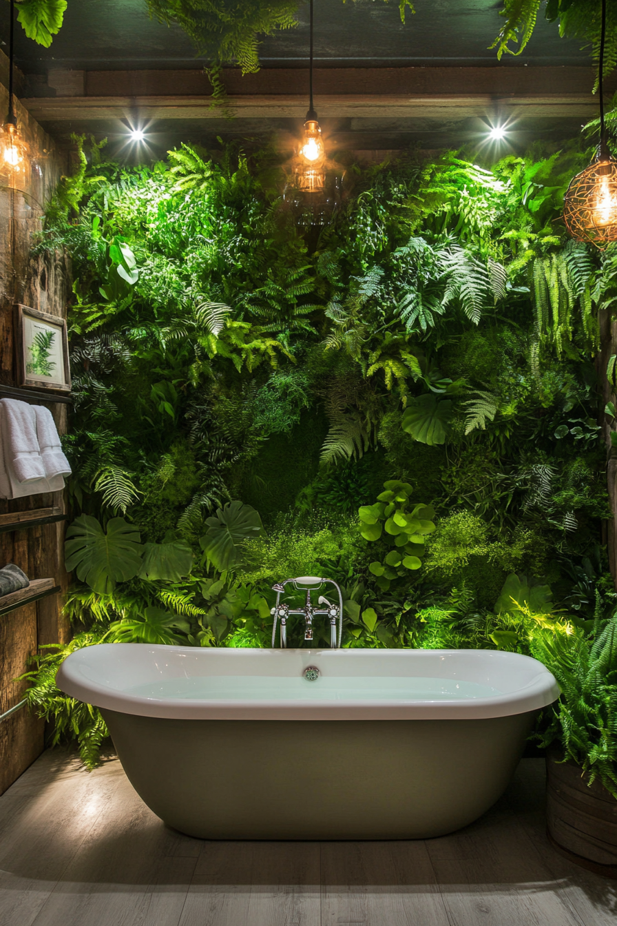 Tiny bathhouse. Bamboo soaking tub with lush fern plant wall.