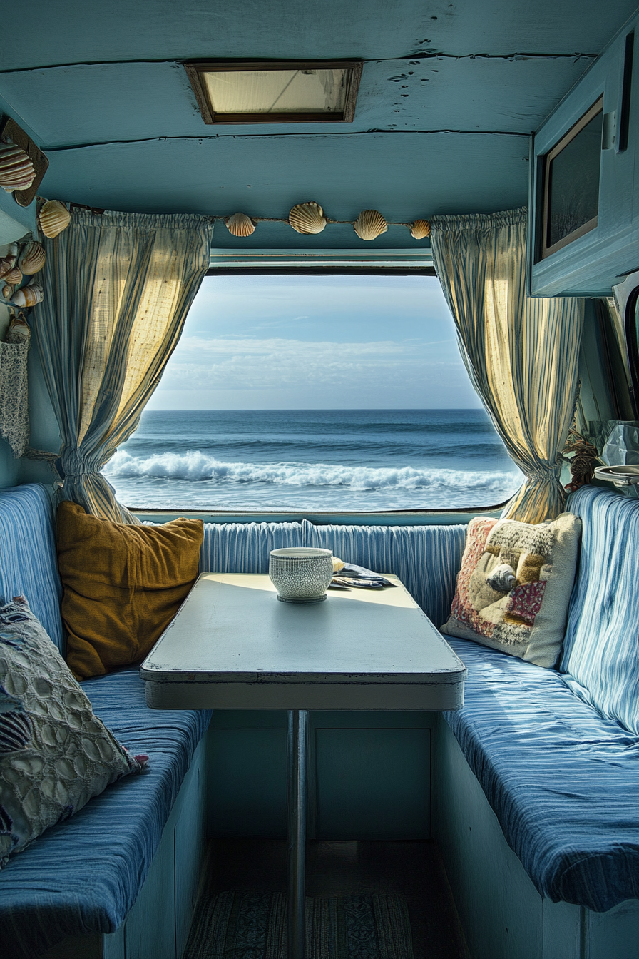 Van Dining Area. Sea blue seats, fold-out chalk white table, shell-adorned drapes, window overlooking the rolling waves.