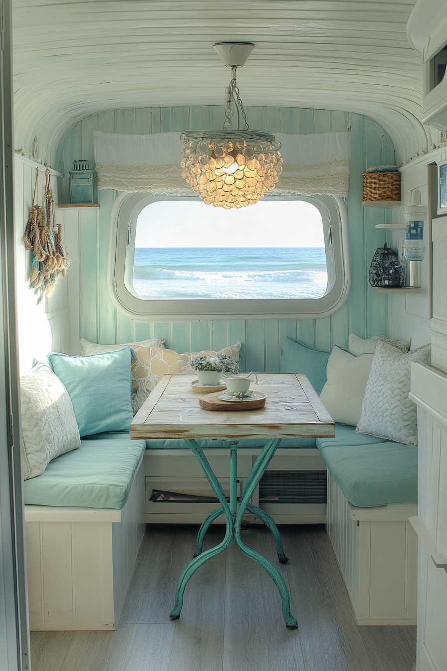 Van Dining Area. Coastal style, aqua cushions, dome window, shell chandelier over fold-out table.