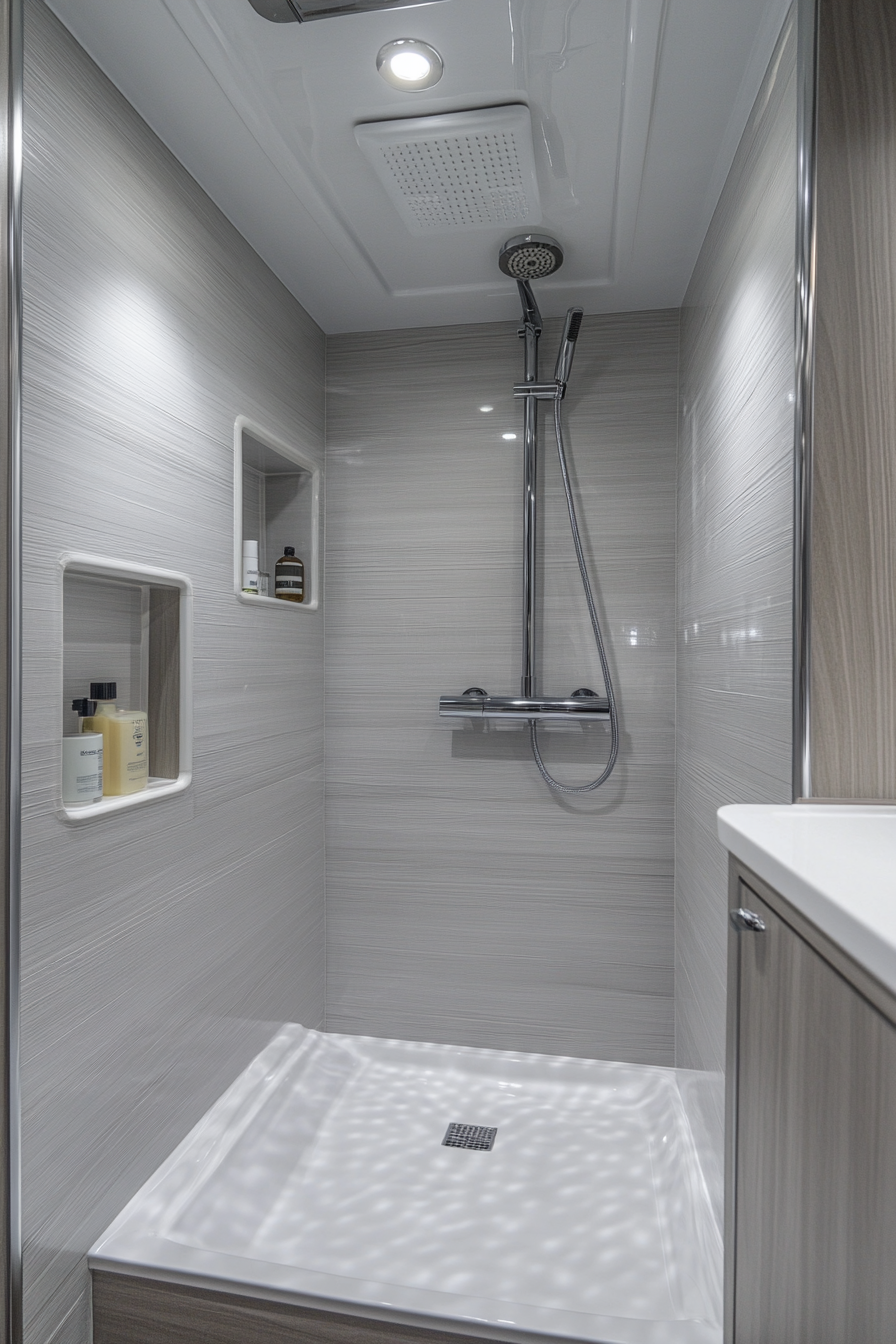 Contemporary camper bathroom. Rainfall shower with muted grey ceramic tile.