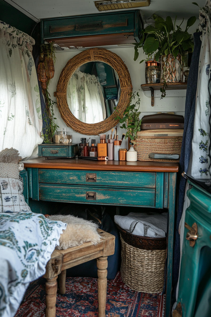 Bohemian Van Vanity Area. Mahogany makeup table, Verdigris folding mirror, copper accents, wicker ring light.