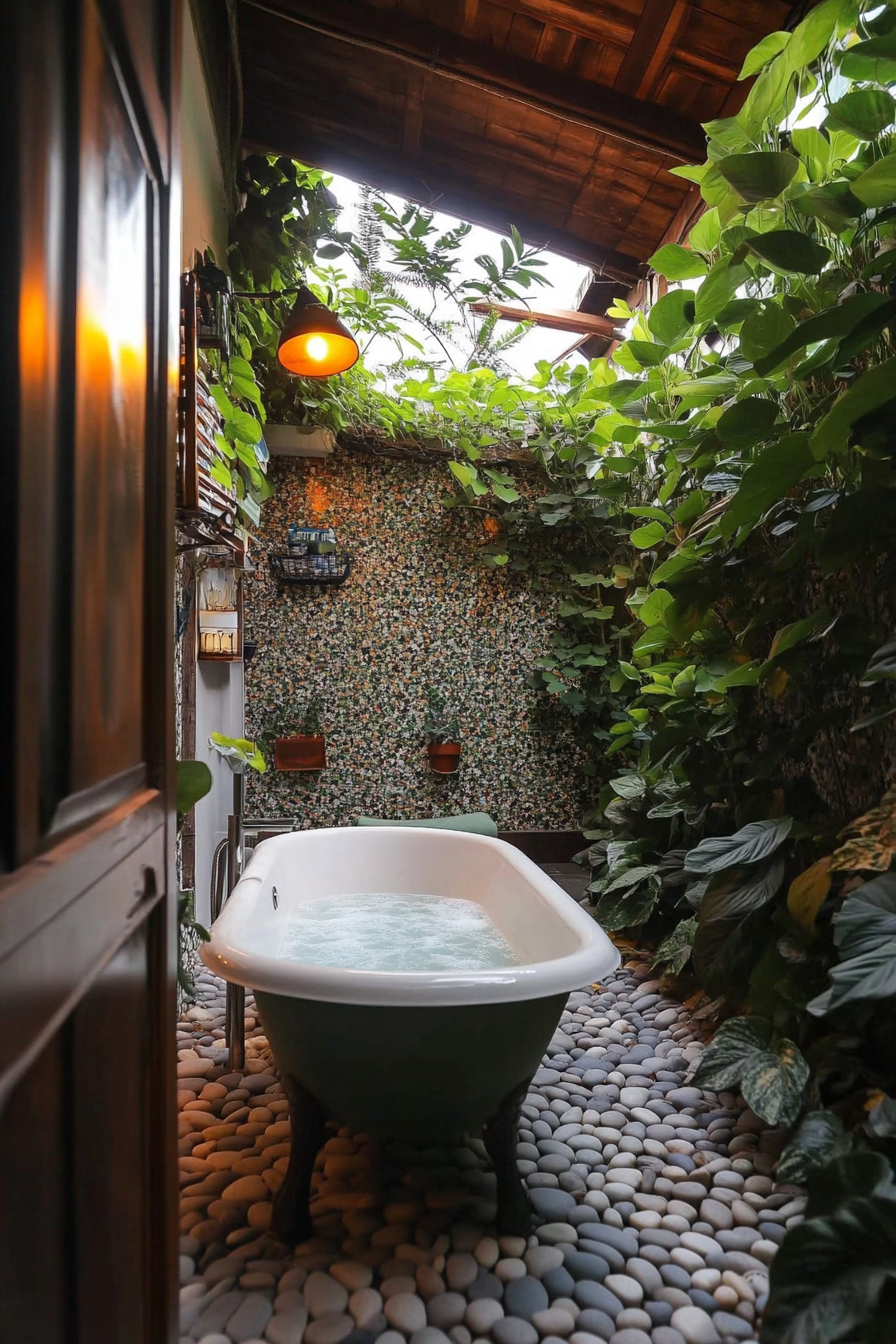 Tiny bathhouse. Soaking tub situated amidst pebble path enveloped by an overflowing plant wall.