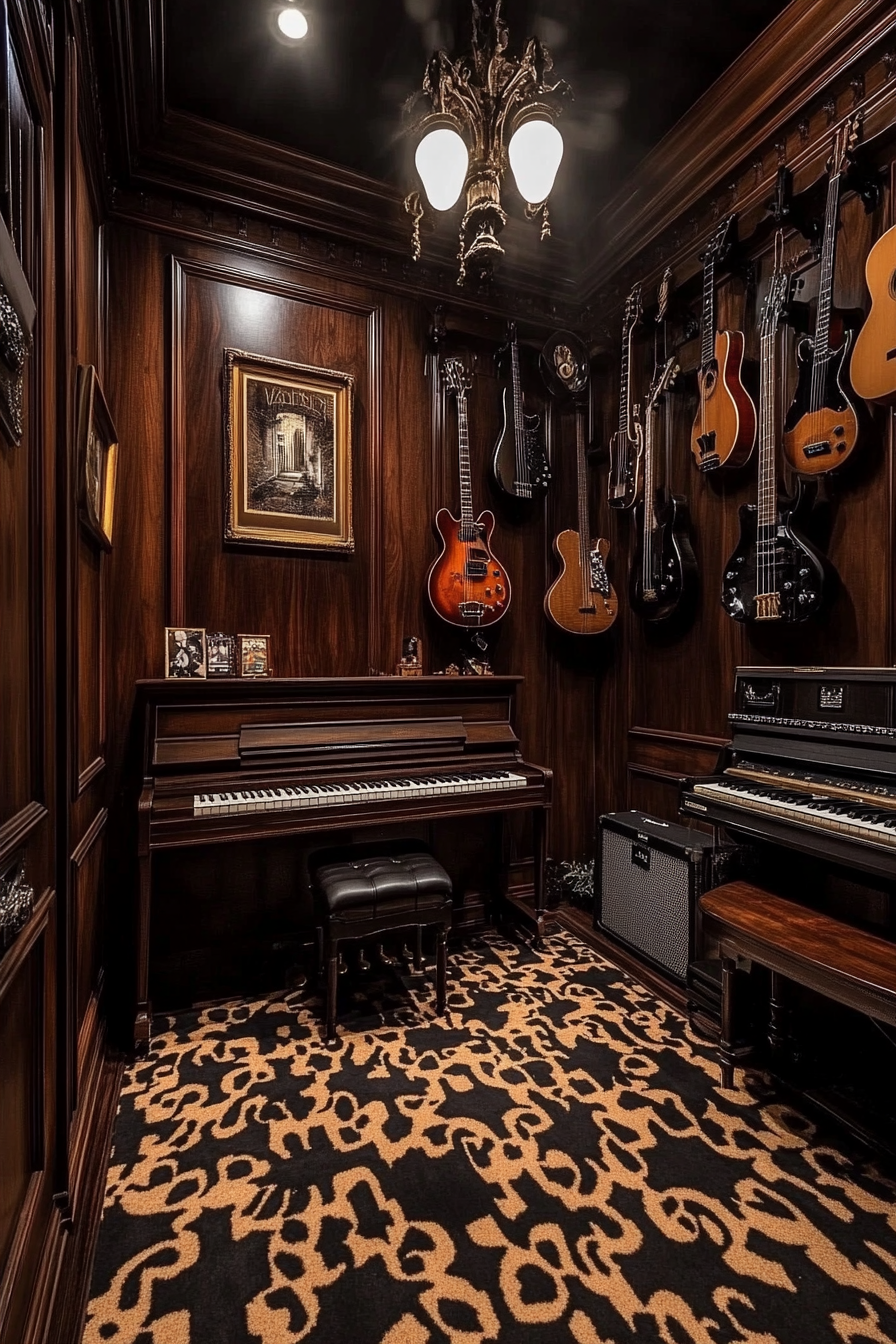 Tiny music room. Dark oak walls, piano key-patterned carpet, hanging guitars.