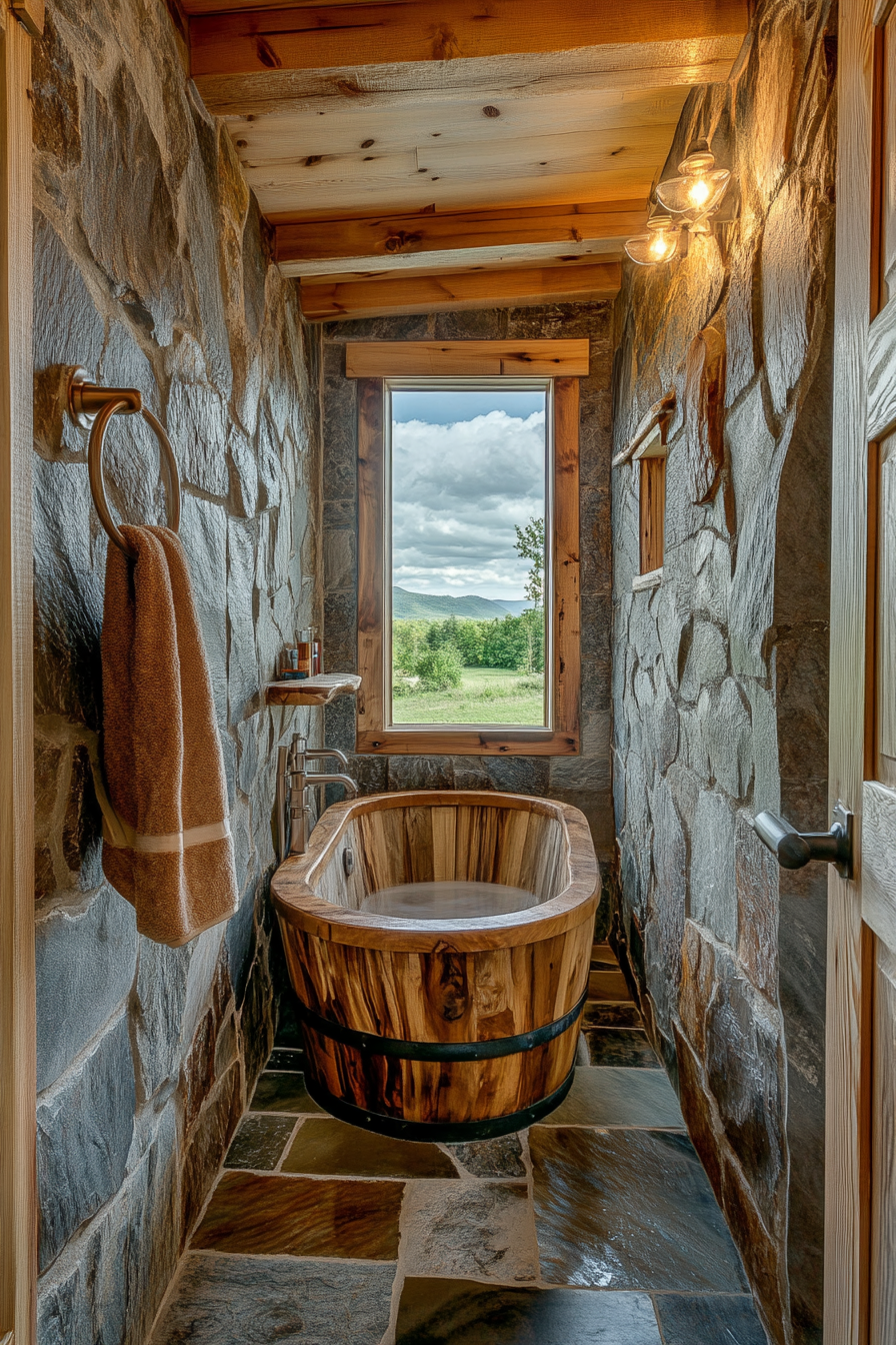 Wide angle view, tiny-house bathroom, wooden soaking tub, stone wall details.