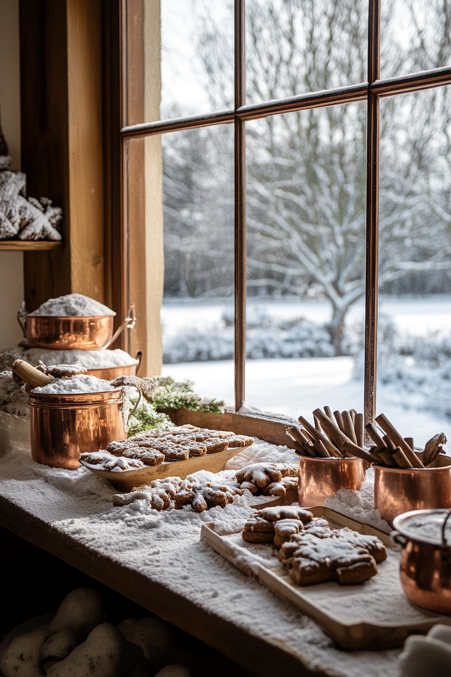 Wide angle view. Snowy window by gingerbread-making corner, copper pots and cinnamon bundles visible.