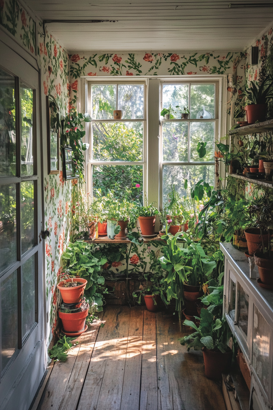 Wide angle view. Tiny house with greenhouse windows, overflowing with potted ferns, botanical wallpaper.