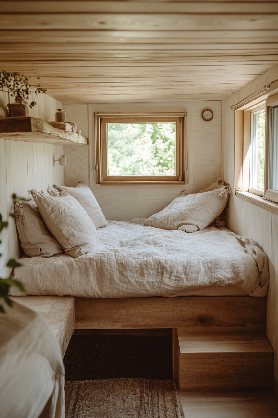 Natural tiny house bedroom. Wide angle. Organic cotton bedding with minimalist walnut wood furniture.