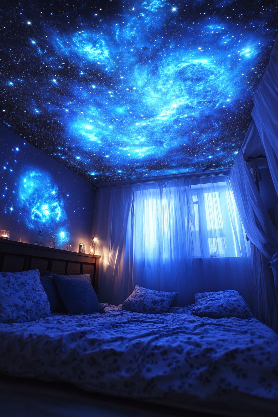 Sleeping quarters. Blue nebula clouds projected against wide-angled room with JPEG star-filled ceiling.