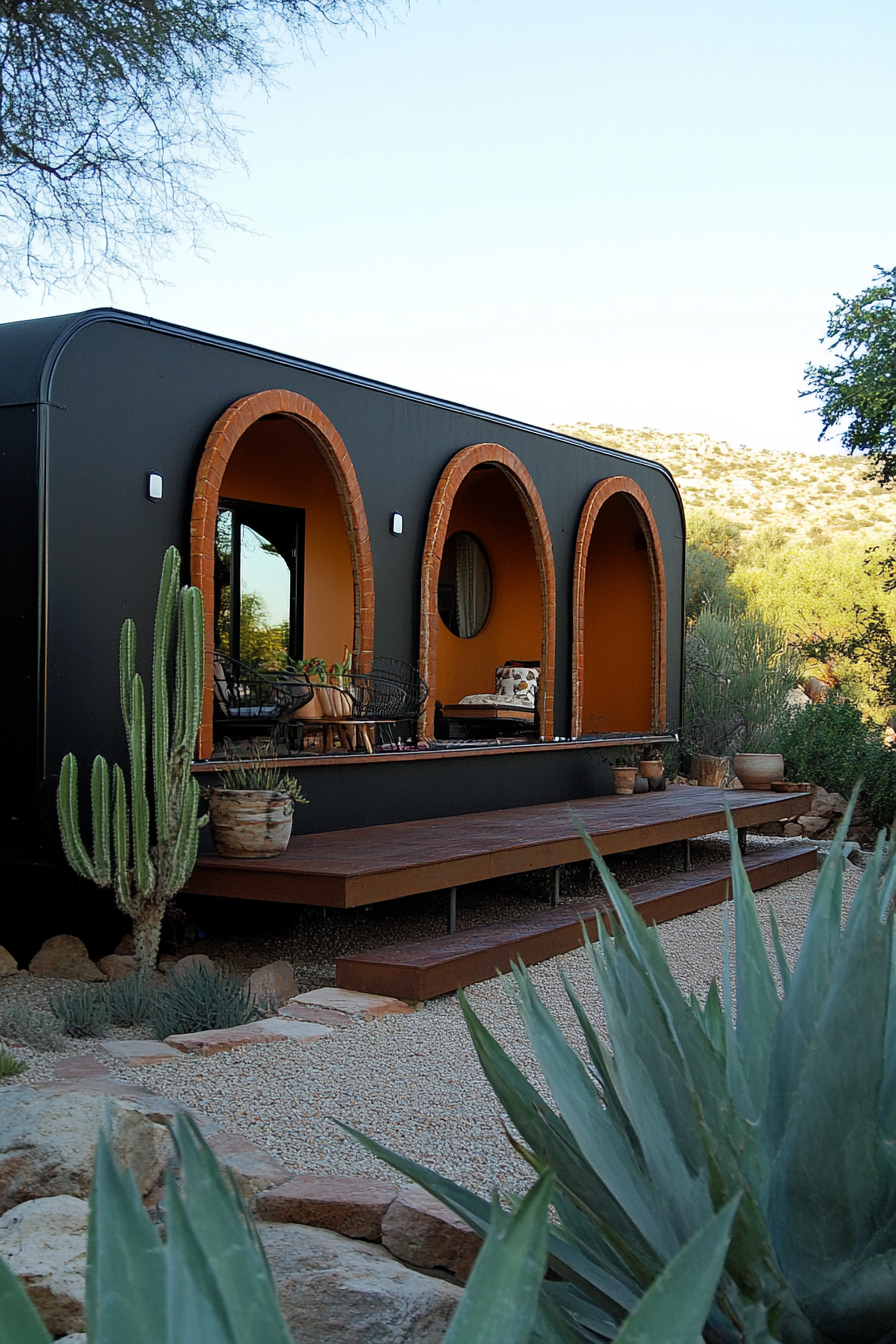 Wide angle view. Dark mobile home, arched details, terra cotta accents.