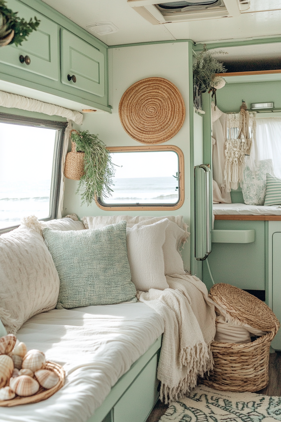 Coastal-inspired RV. Natural fibers, clustered shells, painted in soft shade of seafoam green.