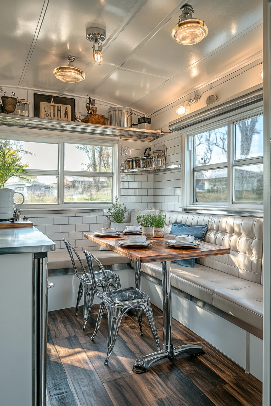 Wide angle view of Americana tiny house kitchen. Chrome details and booth seating.