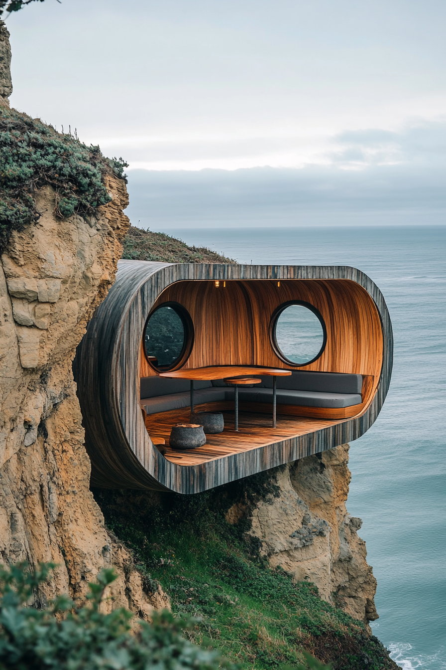 Wide angle view. Tiny home with built-in seating on clifftop, overlooking panoramic ocean views.