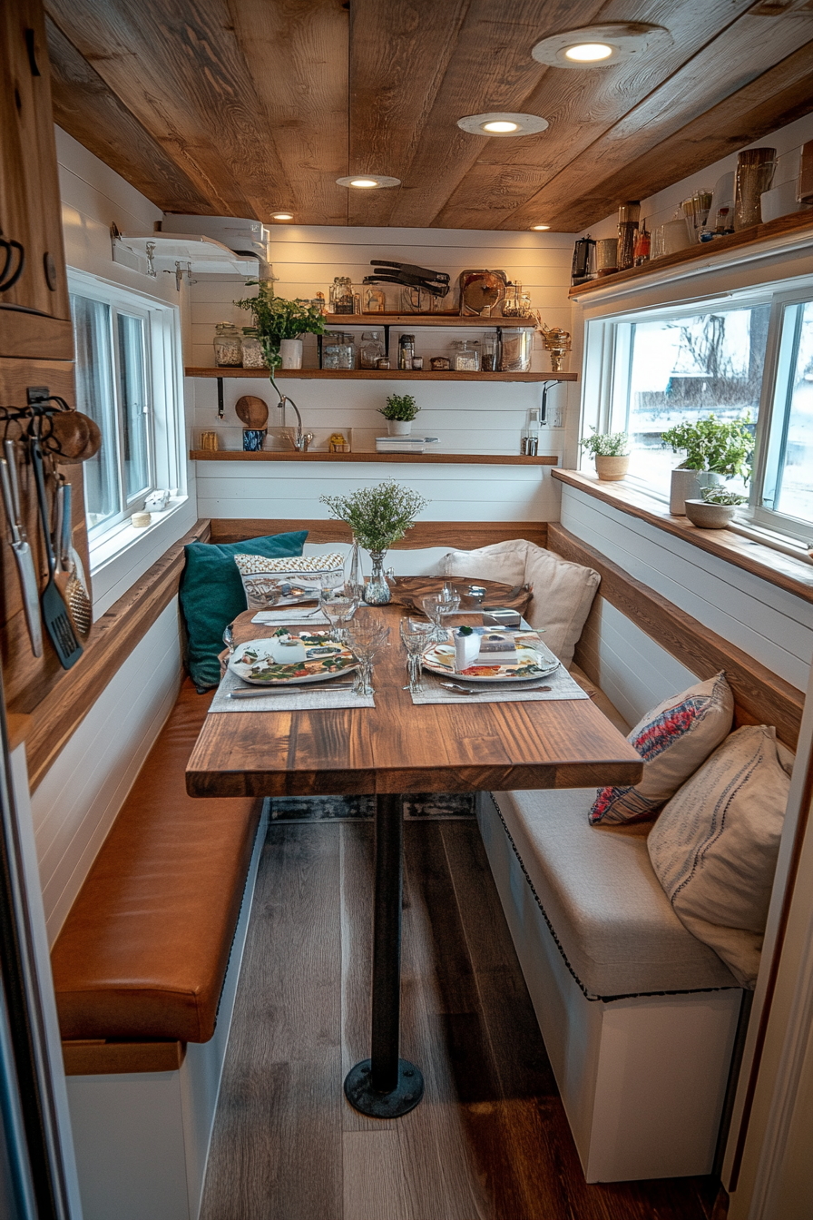 Wide angle view of classic Americana tiny house kitchen. Chrome finish utensils and booth seating.