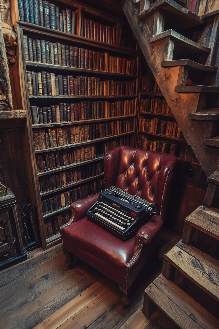 Wide angle view. Dark academia tiny house library with leather-bound vintage books and antique typewriter.