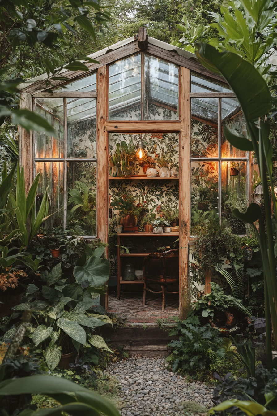 Tiny house with greenhouse windows. Surrounded by dense foliage and ornate botanical wallpaper.