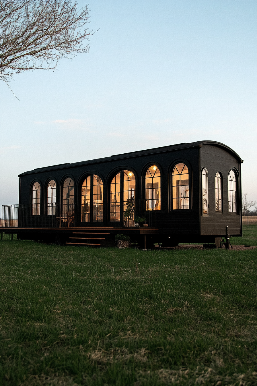 Wide angle view. Dark, sophisticated mobile home, arched details, terra cotta accents.