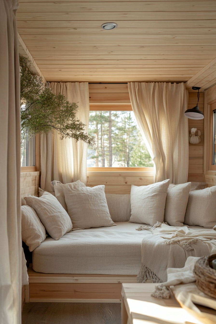 Natural mobile home. Light wood paneling with organic cotton drapes and hemp-coated furniture.