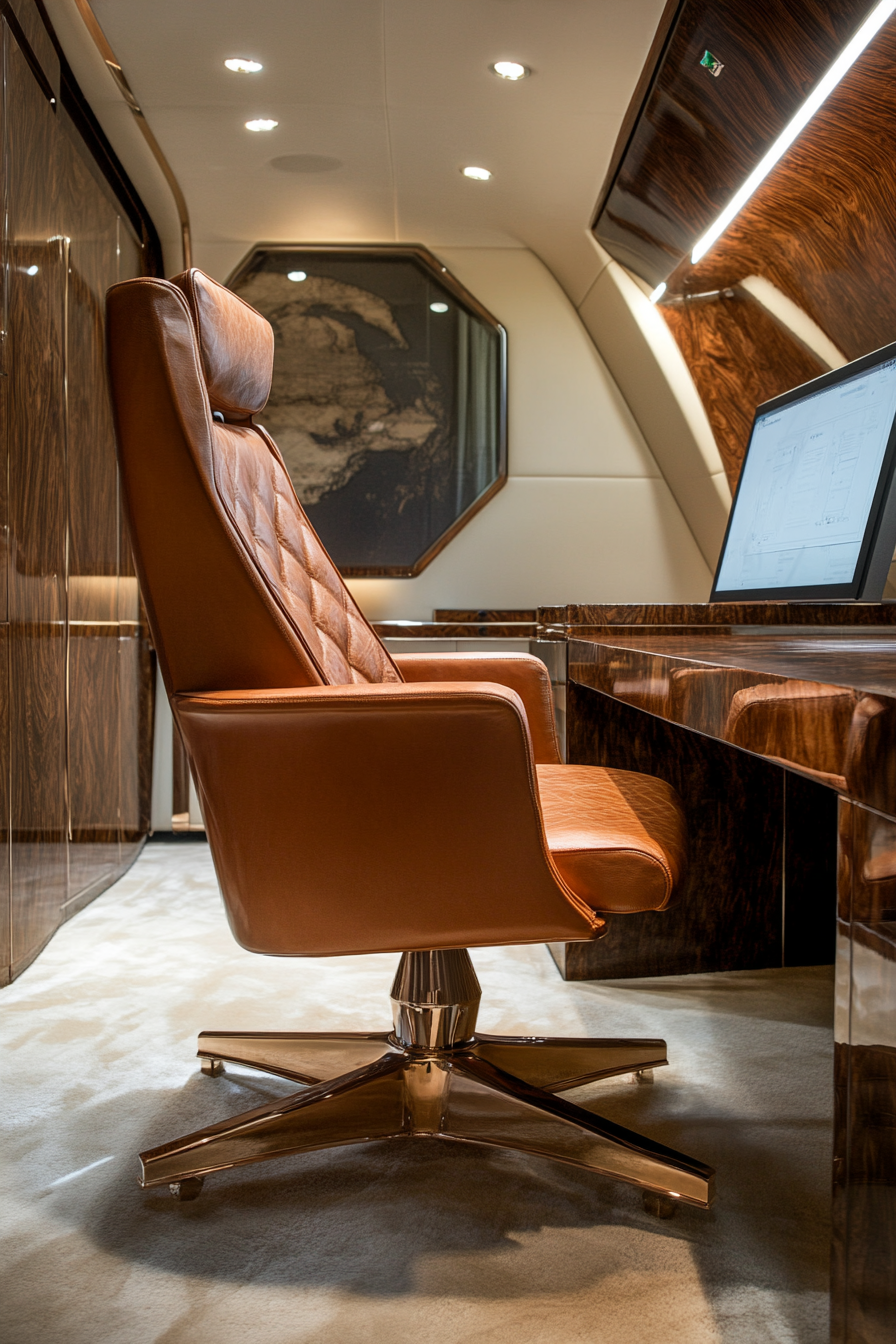 Wide angle view of upscale mobile workspace. Copper hue leather desk chair, polished walnut table.