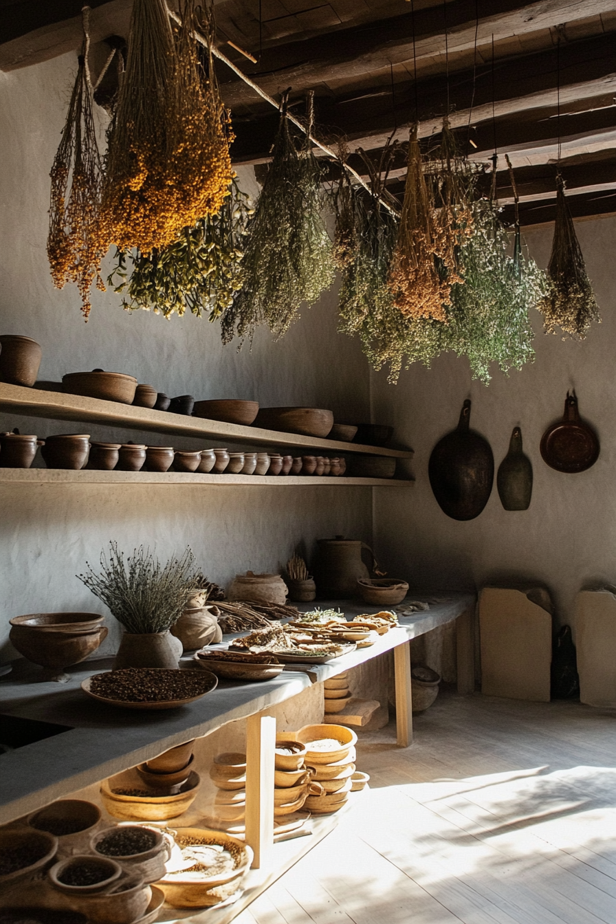 Wide angle view. Provincial cooking space, suspended dried herbs, displayed ancient pottery.