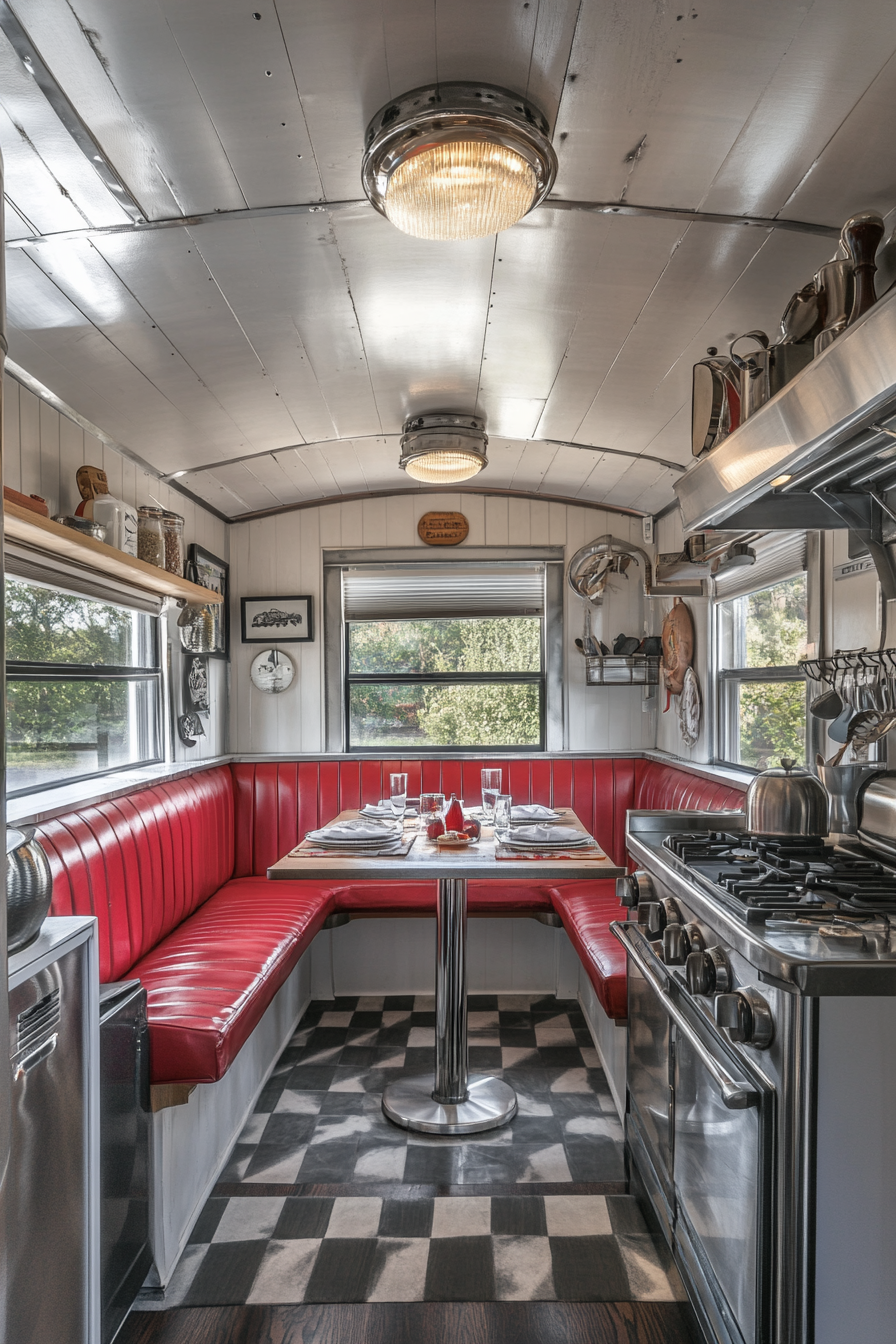 Wide-angle view. Classic Americana tiny house kitchen. Chrome details, booth seating.