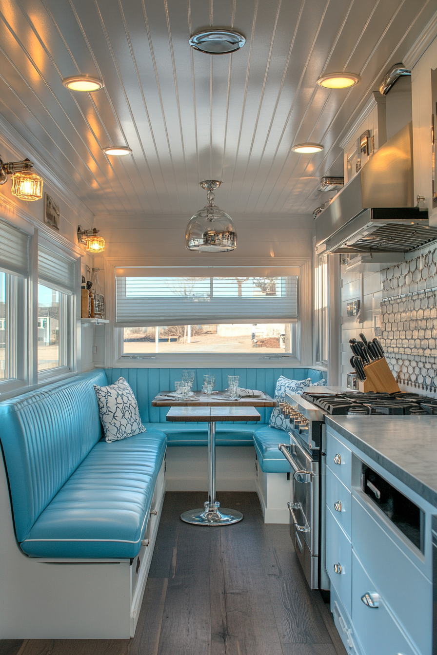 Classic Americana kitchen with booth seating, tiny house, wide angle, chrome details.