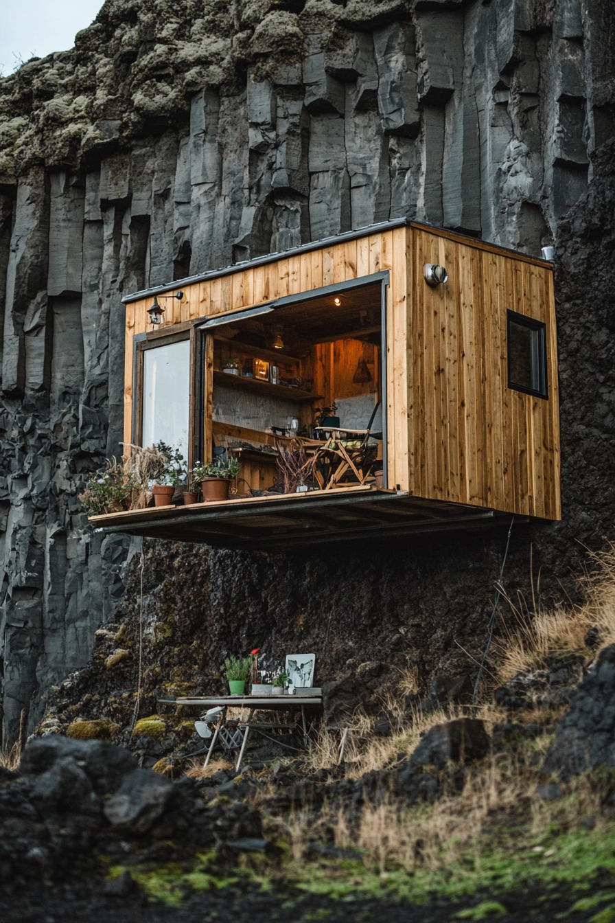 Wide angle view. Tiny home platform, upcycled pine interiors, sitting over an imposing basalt cliff face.