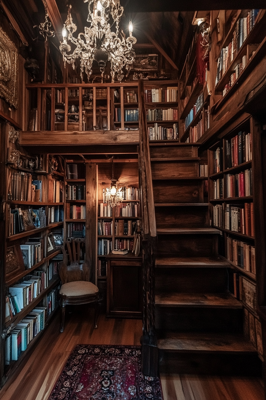 Wide angle view. Dark academia tiny house library, mahogany shelves, vintage tomes and antique chandelier.