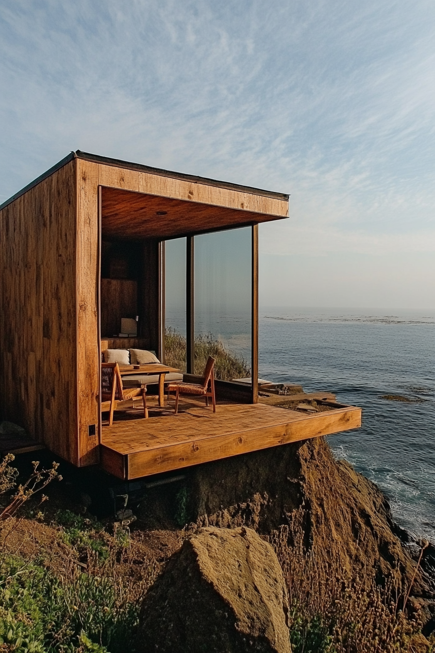 Wide angle view. Tiny home on clifftop, with built-in seating and panoramic ocean views.