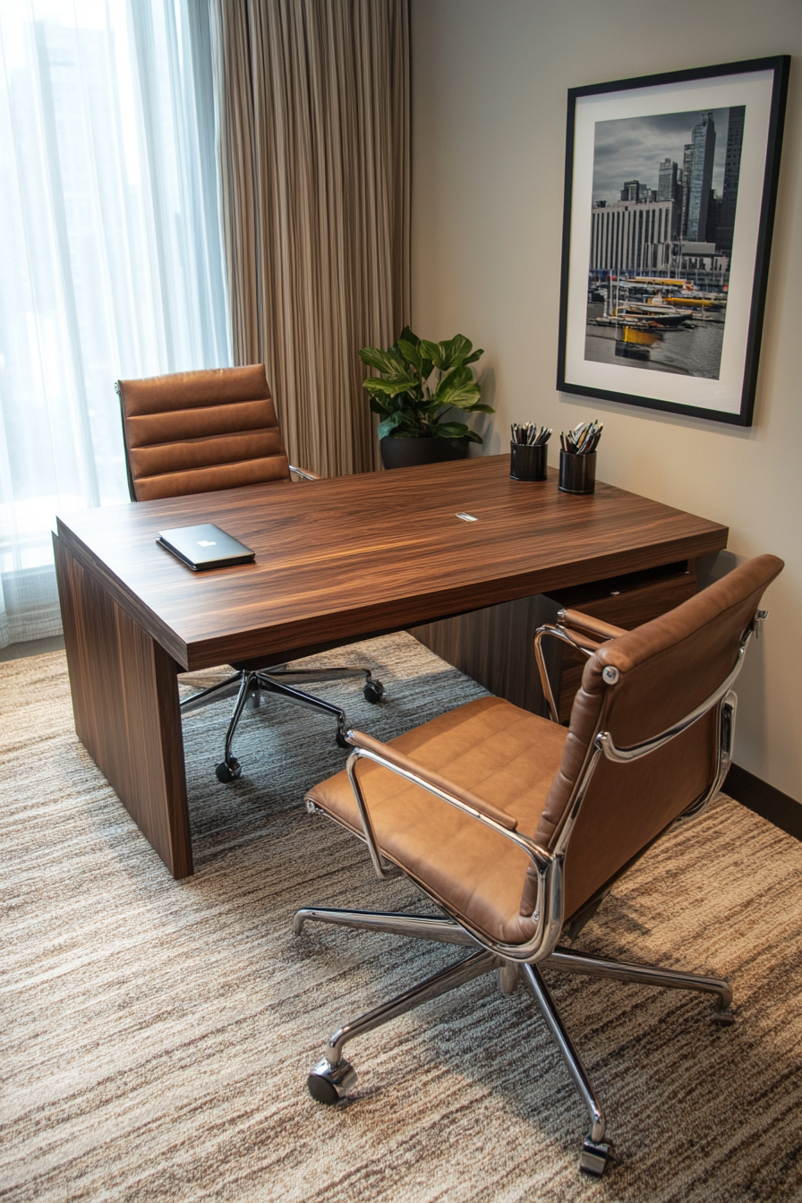 Wide angle view. Mobile workspace with walnut desk and leather executive chair.