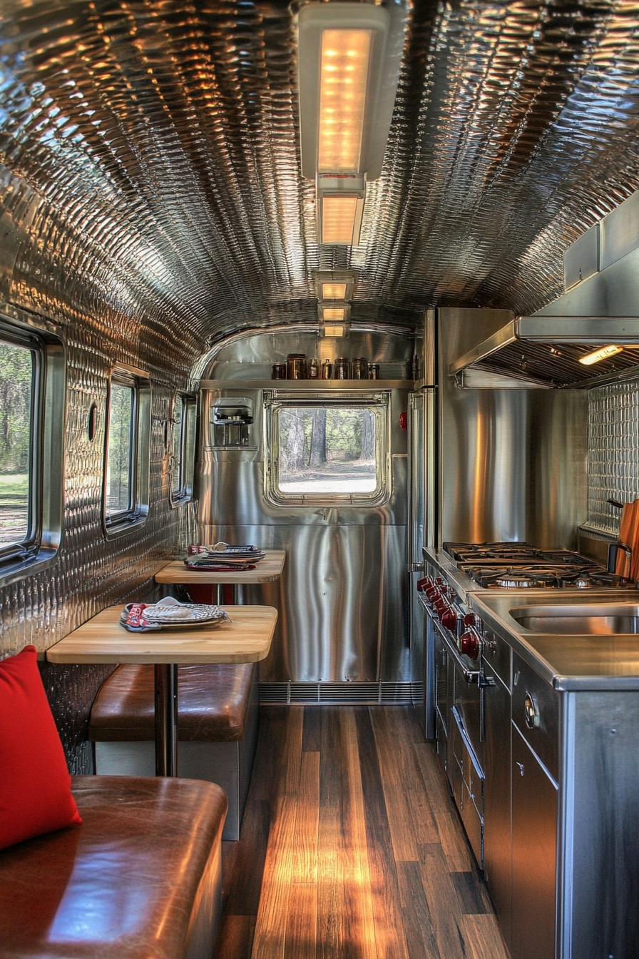 Americana tiny house kitchen. Wide-angle view, chrome finishing, booth seating.