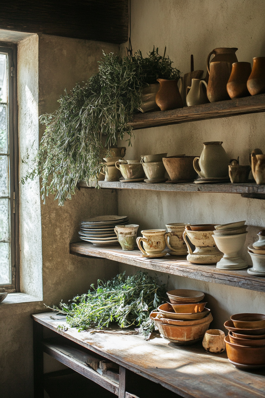 Wide angle view. Provincial kitchen, drying herb bouquets, eclectic pottery on weathered wooden shelves.