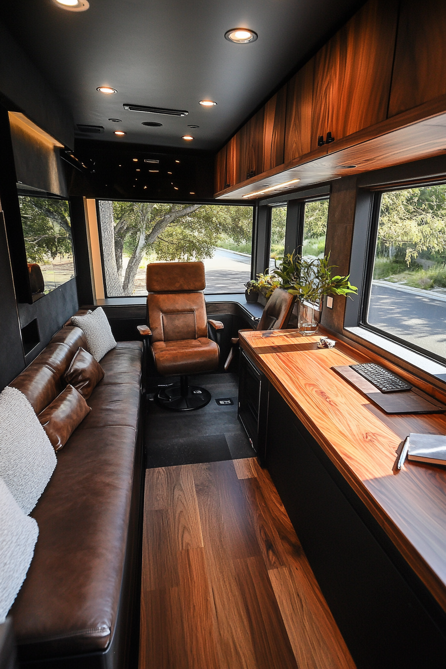 Wide angle view. Leather seating and walnut desk in upscale mobile workspace.