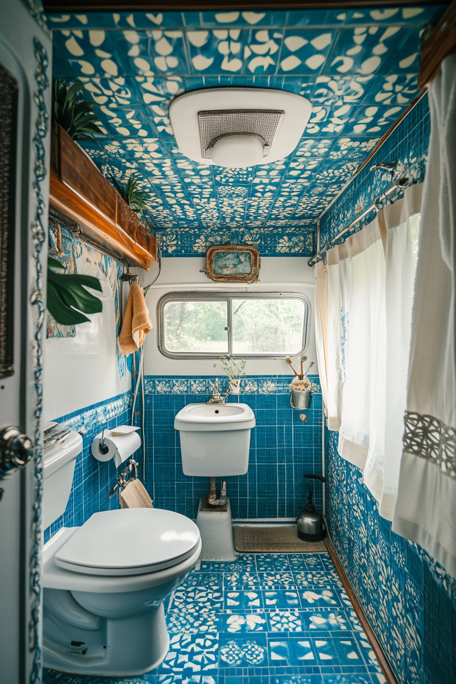 Wide angle view. 1950s RV bathroom, blue vintage tile patterns, classic white fixtures.