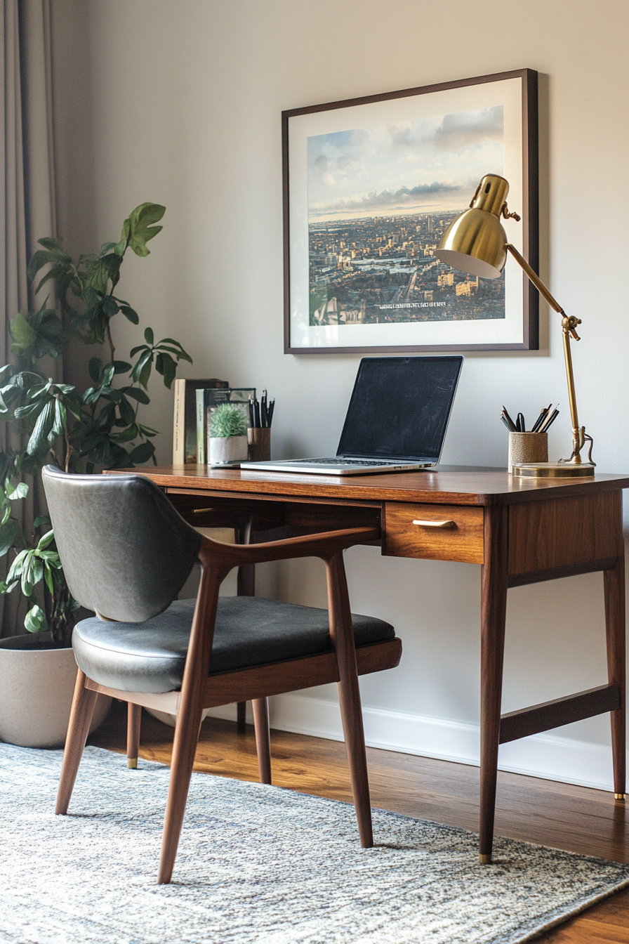 Professional mobile workspace. Walnut desk, mid-century armchair, wide-angled view with brass reading lamp.