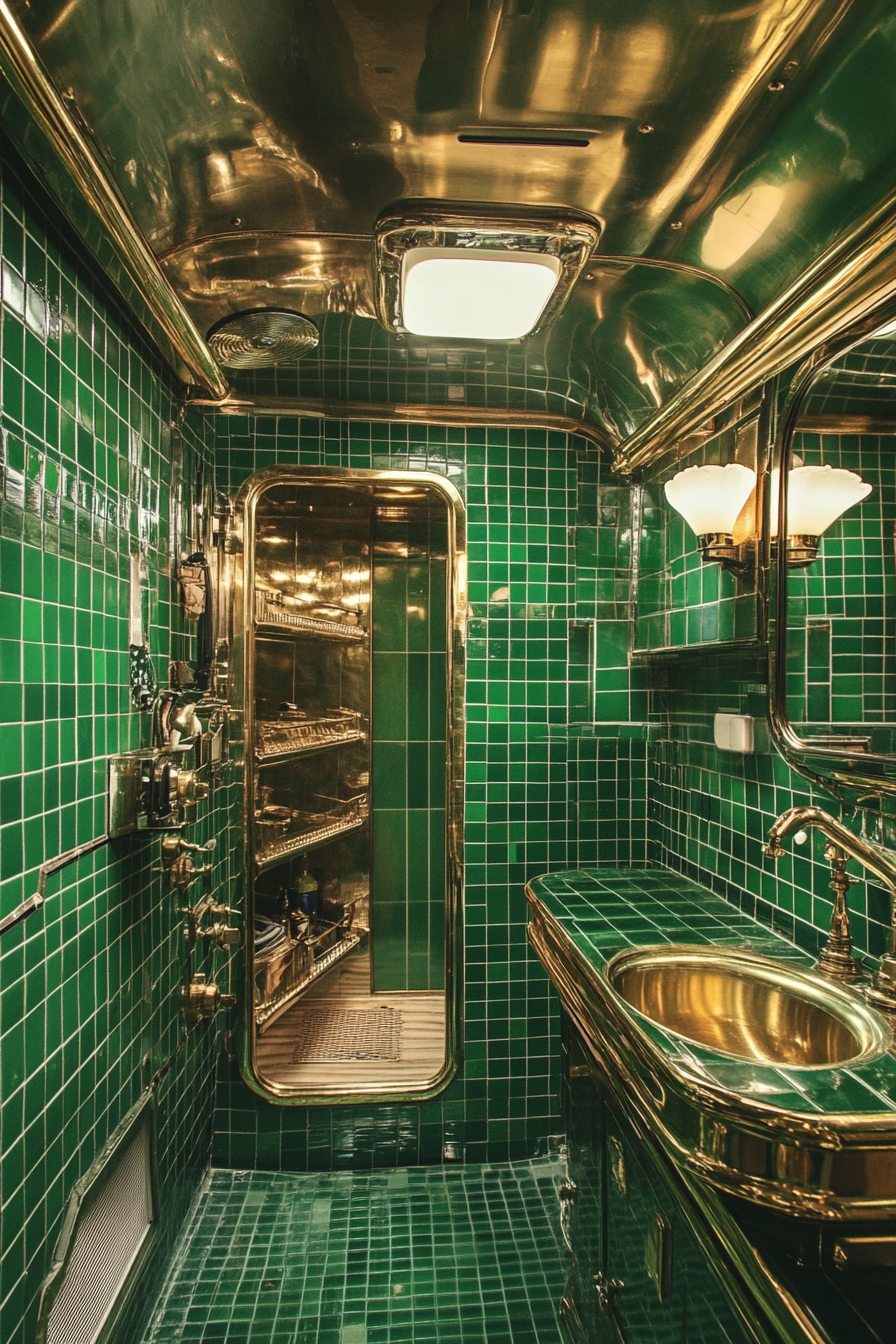 Wide angle view. 1950s RV bathroom, vintage green tile patterns, golden-brass classic fixtures.