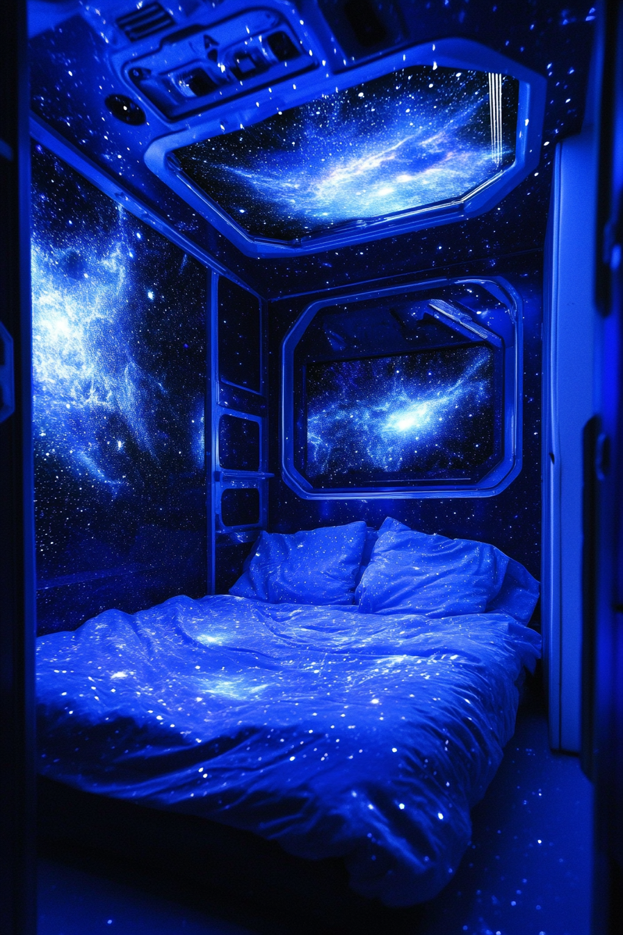 Wide angle view. Space-themed sleeping quarters with glowing star projections and deep nebula blues.