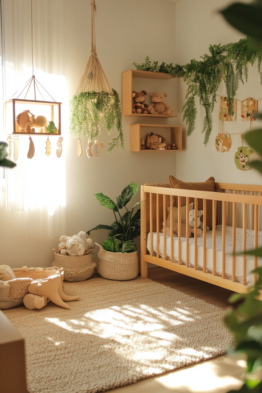 Nature-inspired baby room. Wide-angle view, low timber shelves, and demarcated exploration zones.