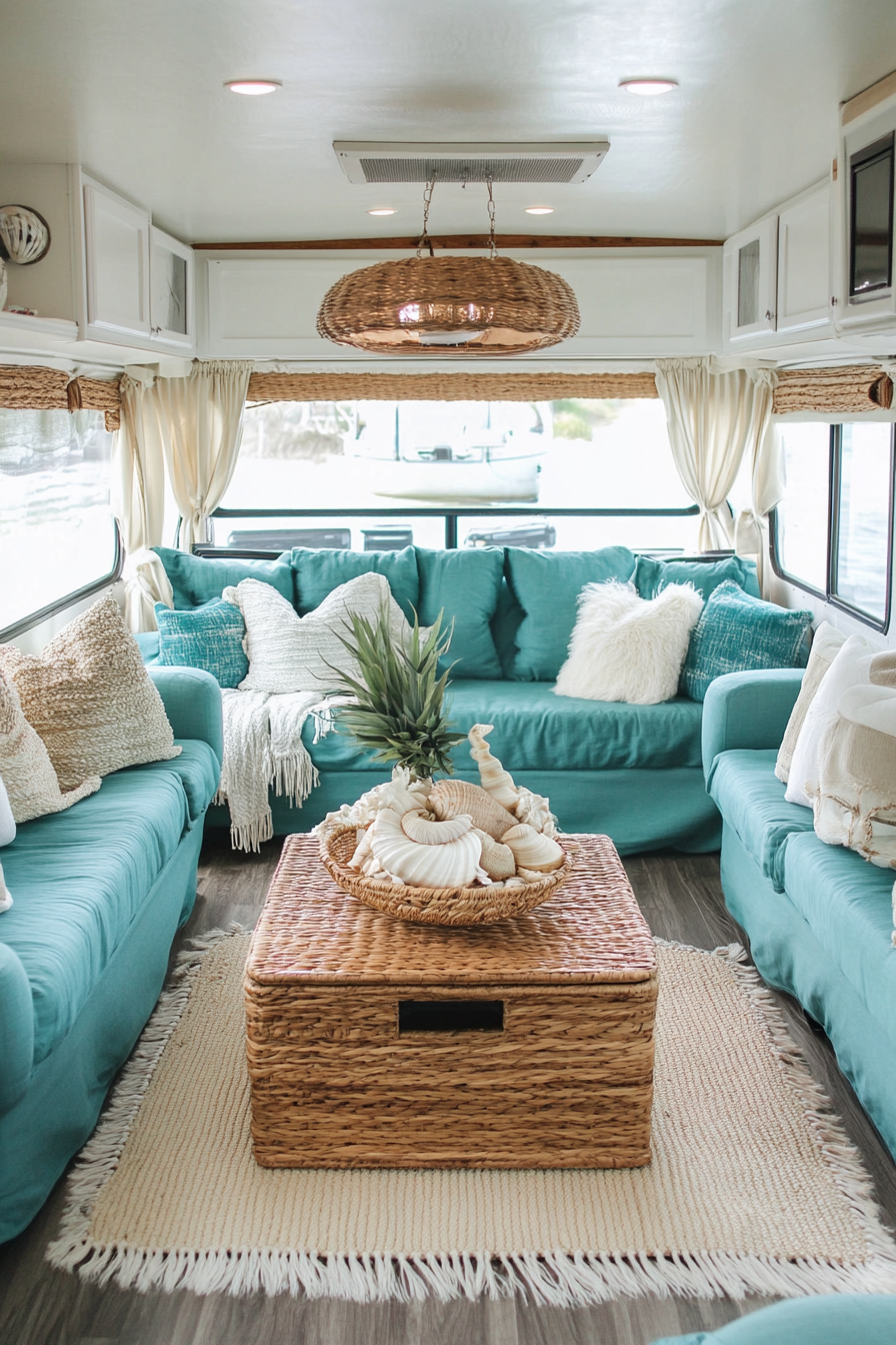 Wide angle coastal-inspired RV. Natural fibers furniture, shell-held coffee table, turquoise upholstery.