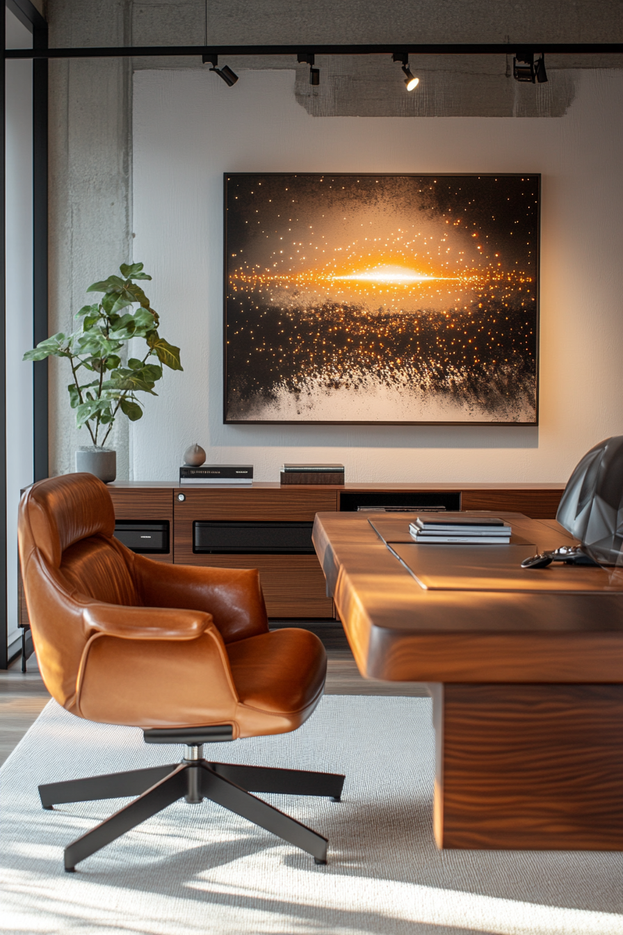 Wide angle view. Mobile workspace. Walnut desk, leather swivel chair, illuminated pensé wall art.