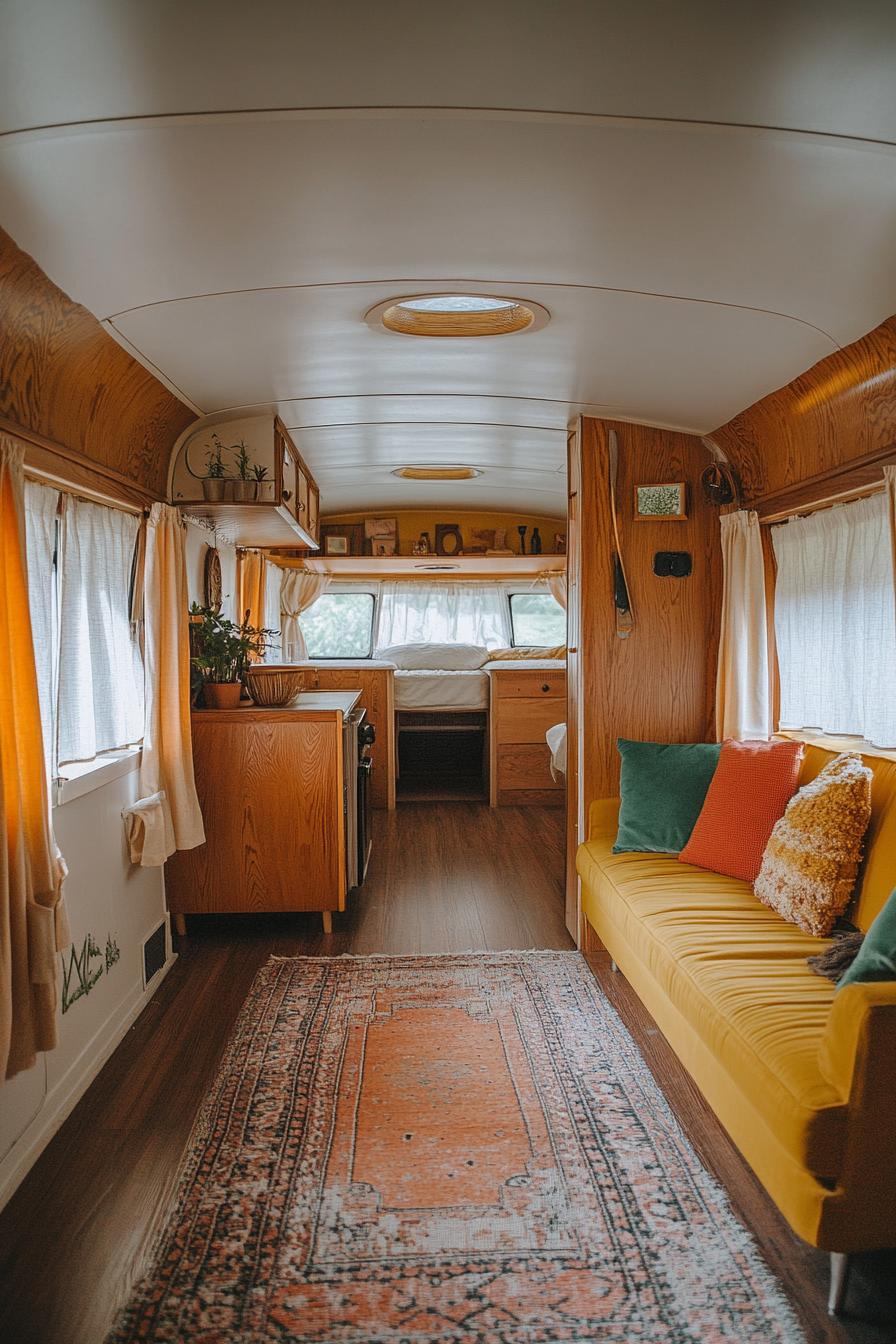 Wide angle view. Mobile home with light wood paneling and organic, linen drapes.