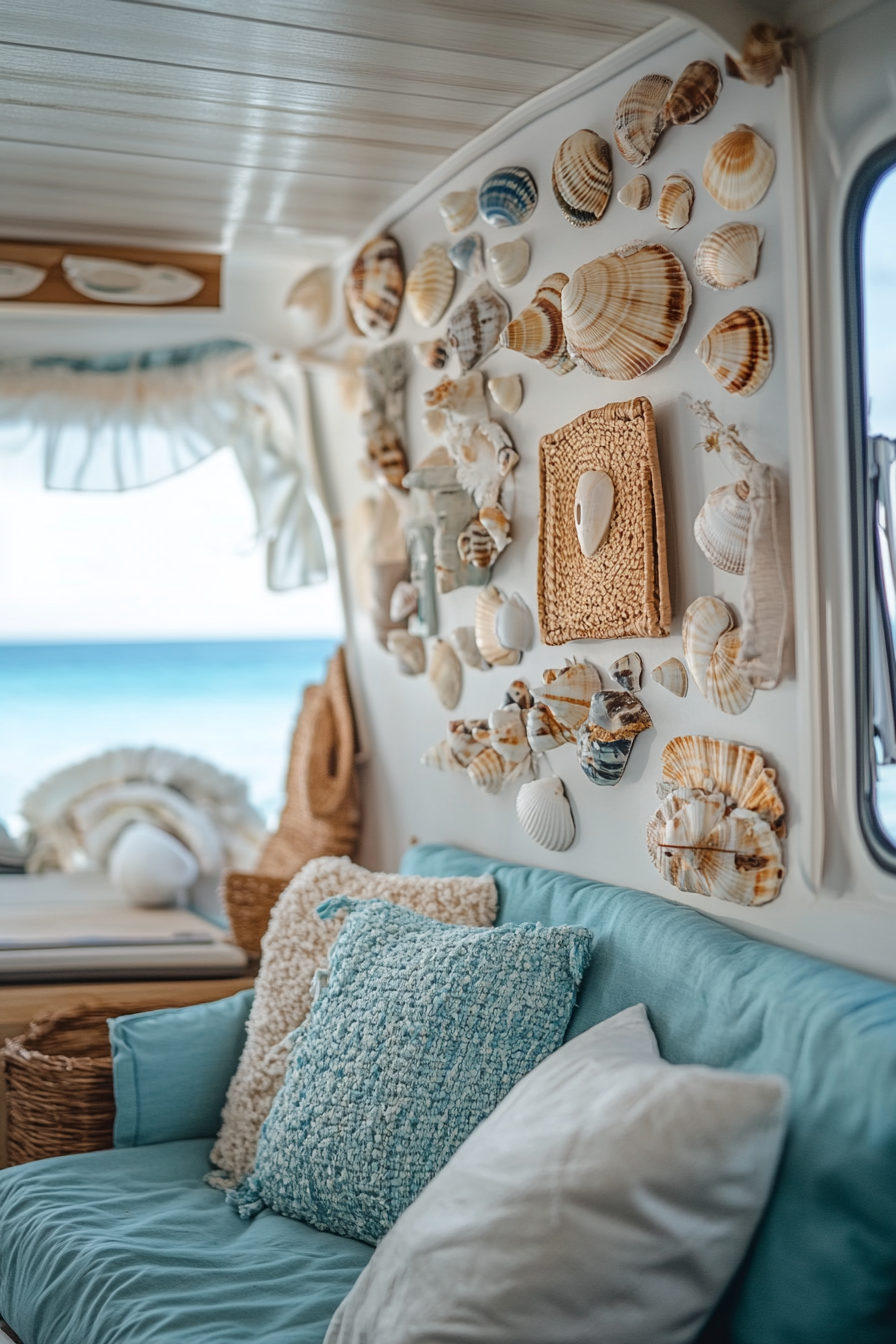 Wide-angle view of RV. Natural fibres with shell collections, adorned in ocean blues.