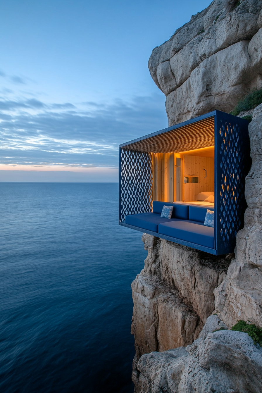 Wide angle view of sleek tiny home. Blue in-built seating, clifftop cris-cross patterns, panoramic sea visible.