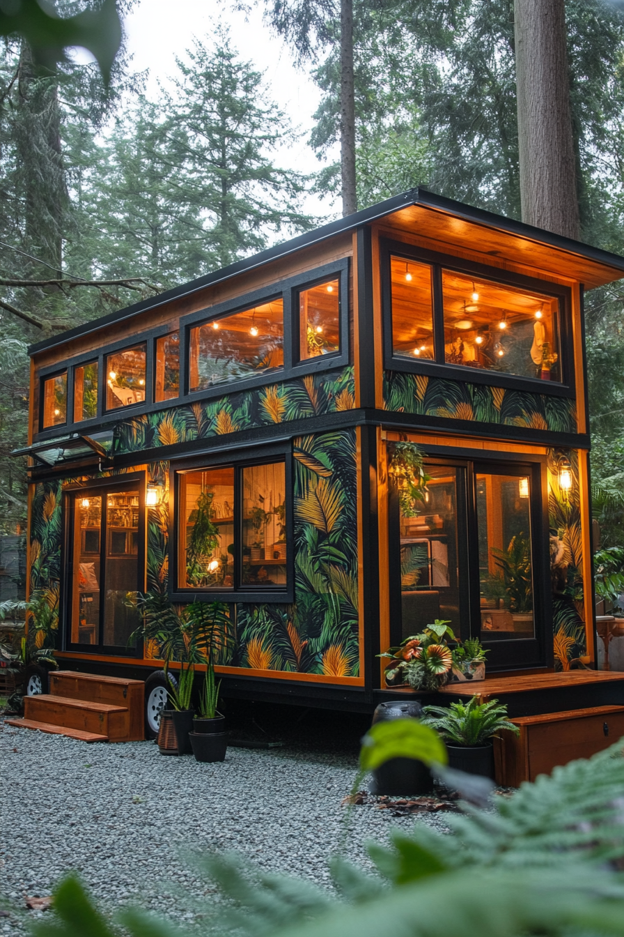 Wide angle view. Tiny house with fern-filled greenhouse windows and leafy botanical wallpaper.