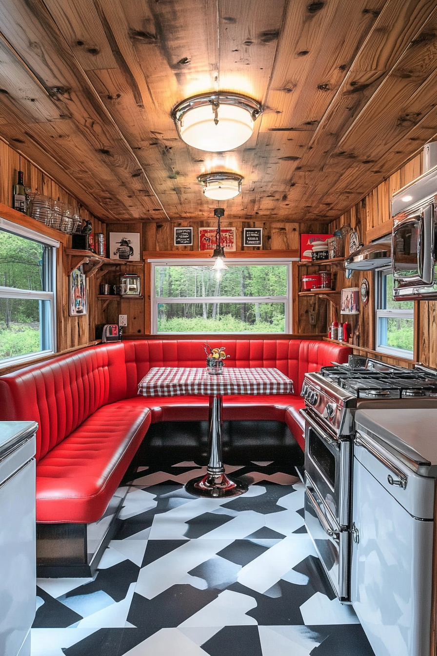 Classic Americana tiny house kitchen. Chrome appliances, checkerboard flooring, red booth seating.