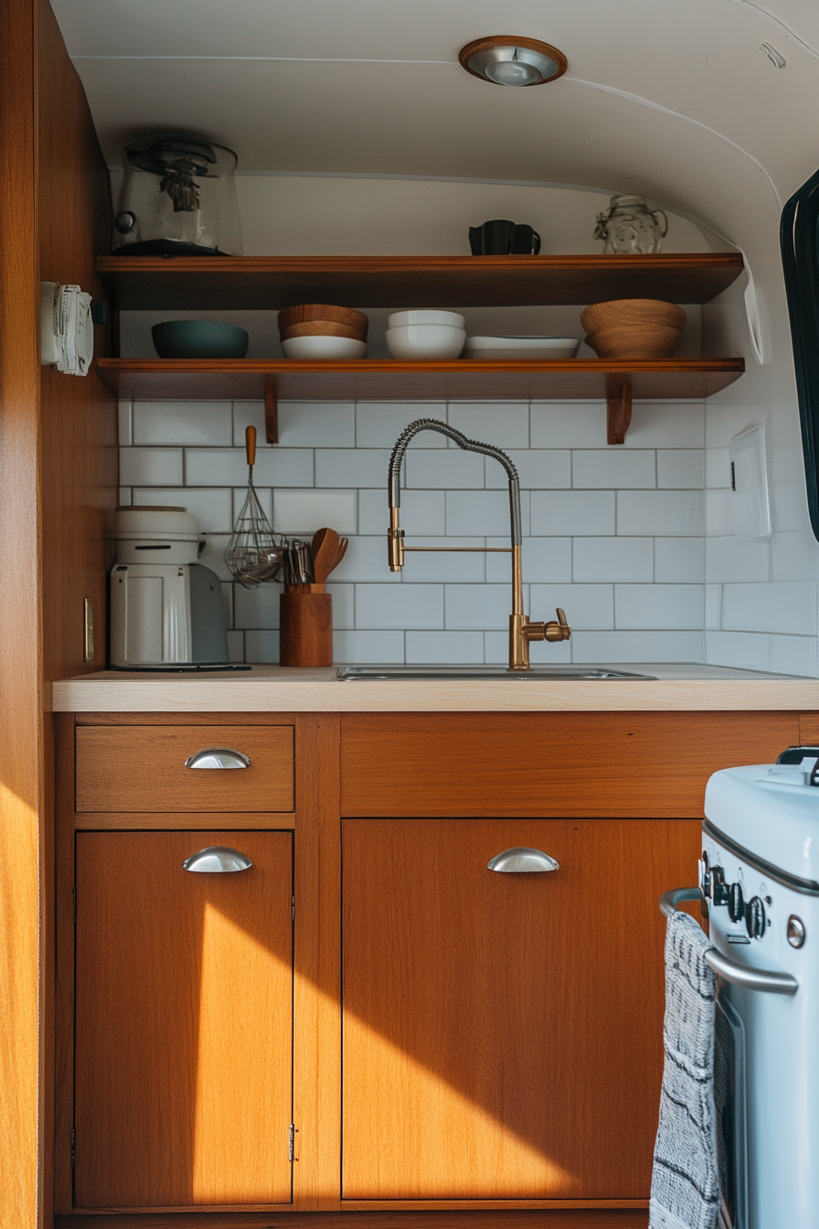 Wide angle classic camper kitchen. Teak cabinets, retro-inspired hardware.