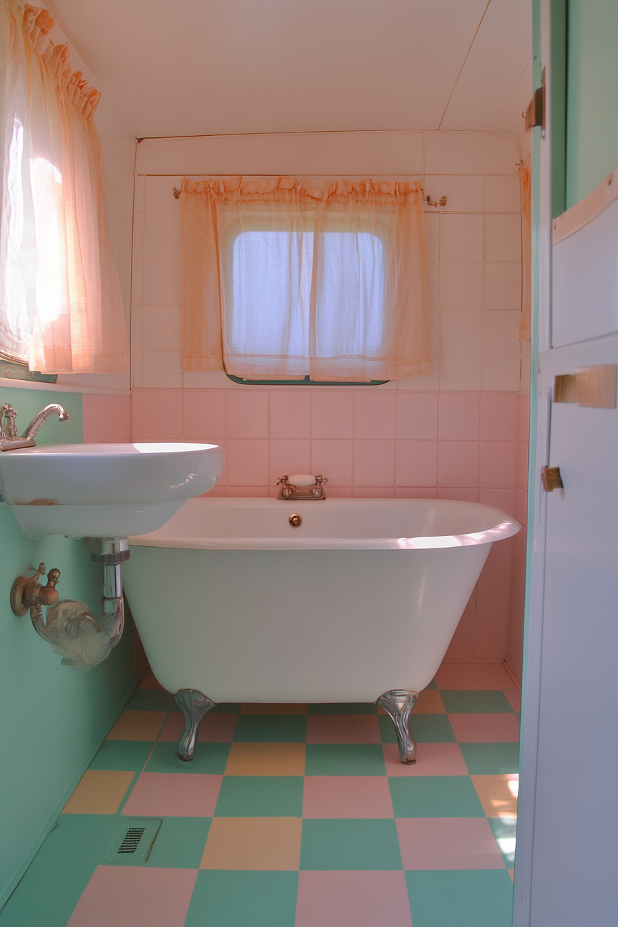 1950s RV bathroom. Pastel checkerboard flooring, clawfoot tub, white fluted sink.