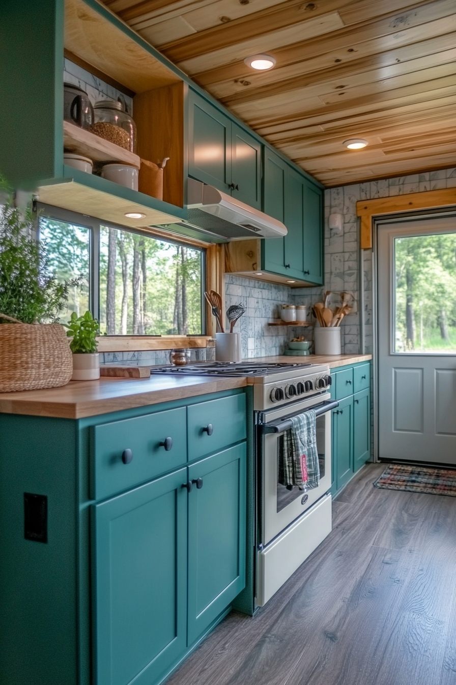 Wide angle view. Retro-inspired tiny house kitchen. Teal sleek cabinets with cream vintage oven.