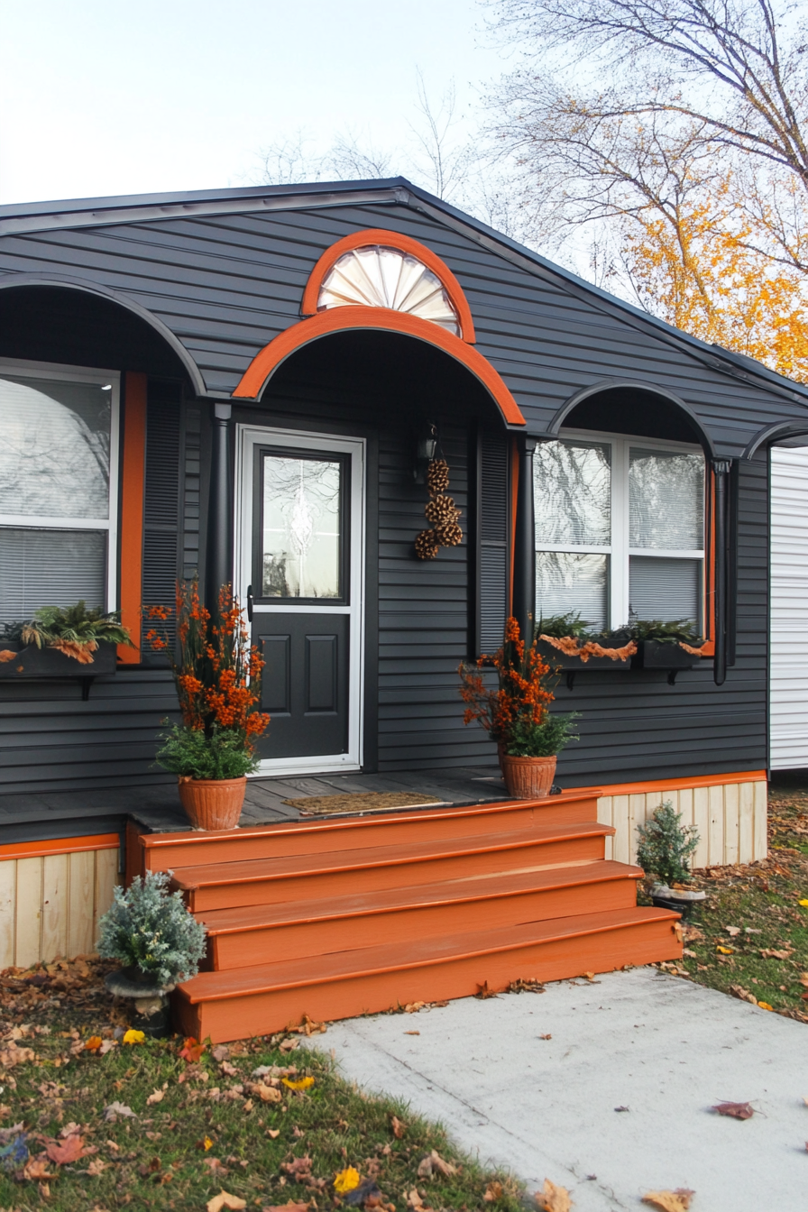 Wide angle view. Dark mobile home with arched details and terra cotta accents.